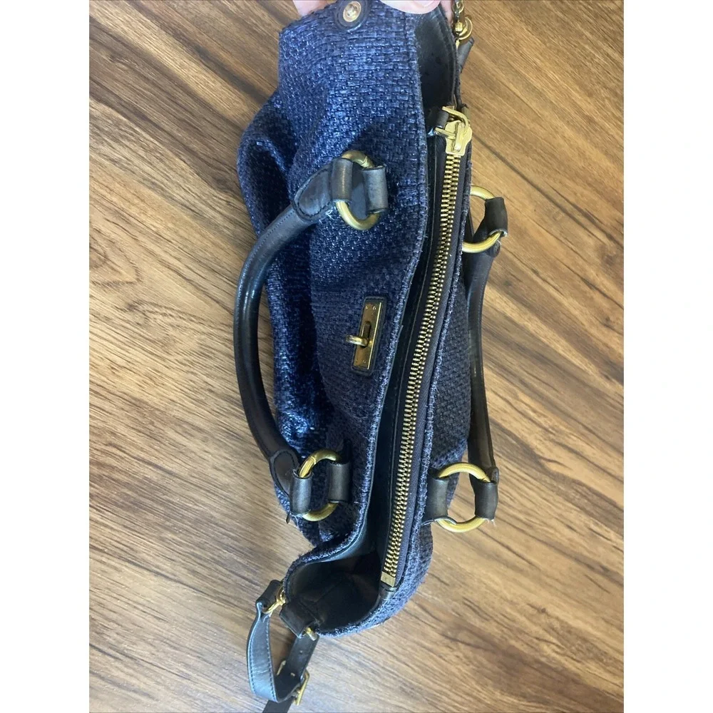 J.CREW Midnight Blue Woven Nylon Leather Trim Turnlock Satchel Shoulder Bag READ